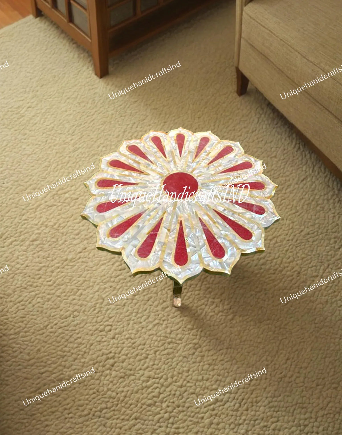 Modern Gemstone Coffee Table | Flower Shape Mother of Pearl Inlay | Luxury Stone Art Decor Unique Handicrafts IND