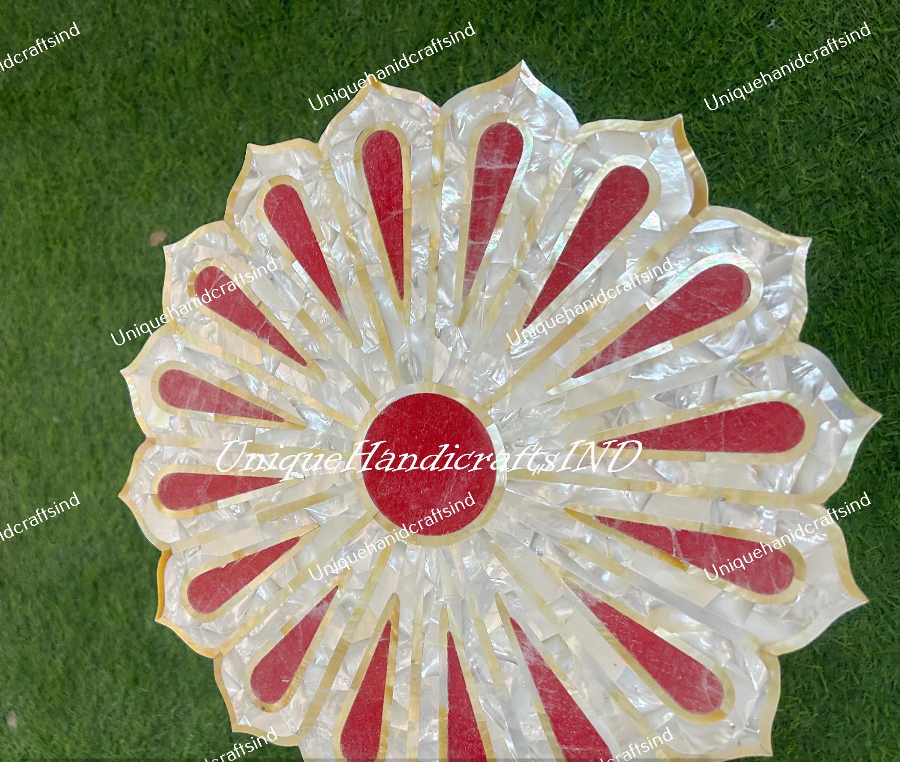 Modern Gemstone Coffee Table | Flower Shape Mother of Pearl Inlay | Luxury Stone Art Decor Unique Handicrafts IND