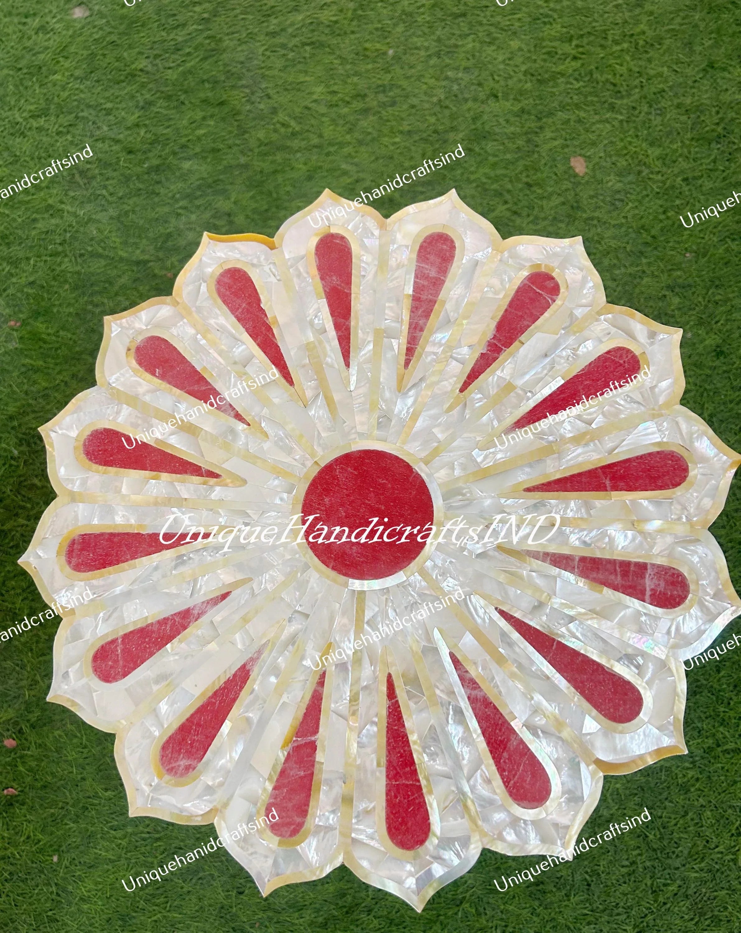 Modern Gemstone Coffee Table | Flower Shape Mother of Pearl Inlay | Luxury Stone Art Decor Unique Handicrafts IND