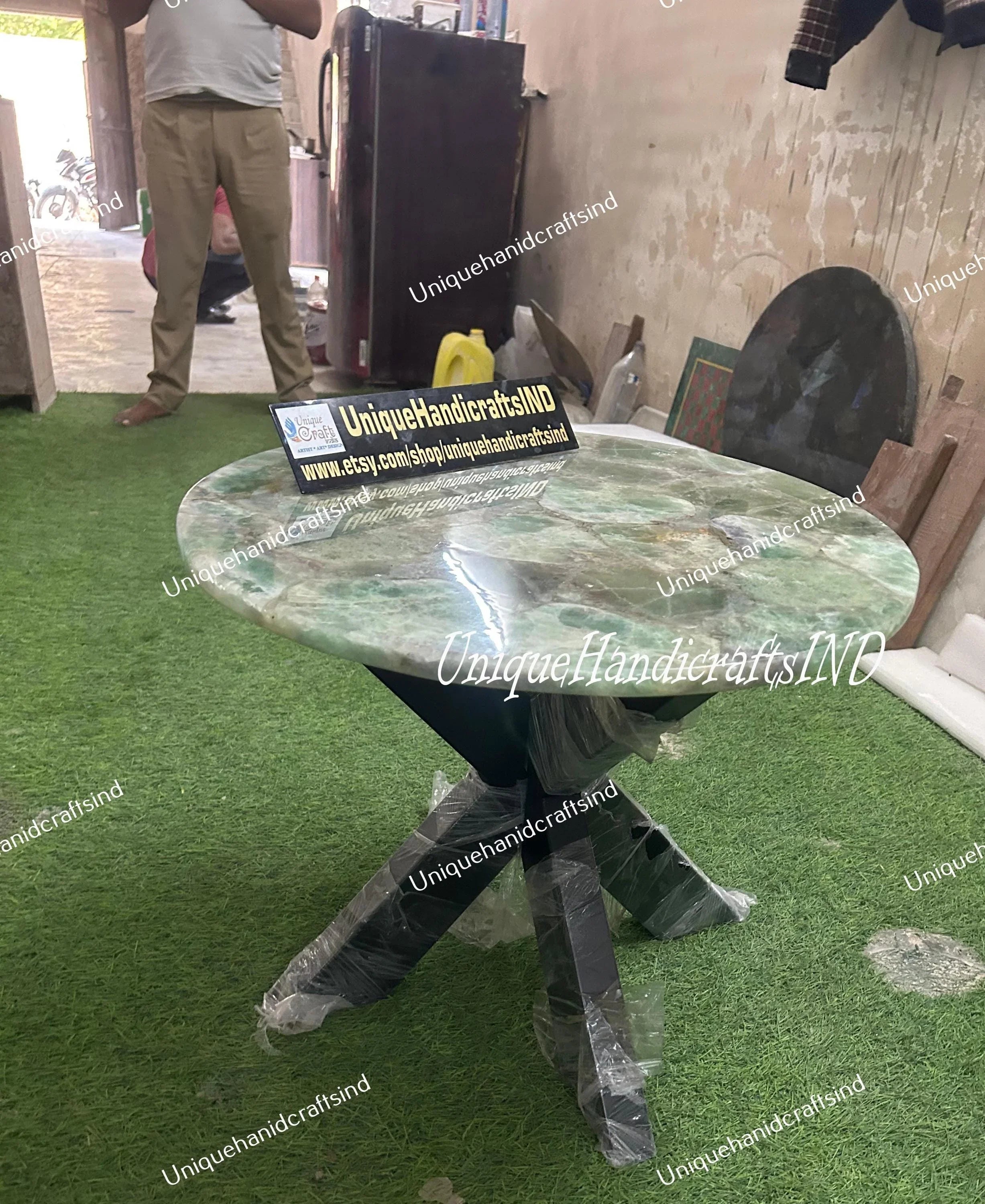 Unique Stone Coffee Table - Custom Made Fluorite Table - Semi-Precious Natural Stone Art - Mid Century Modern Furniture & New Home Gift Unique Handicrafts IND
