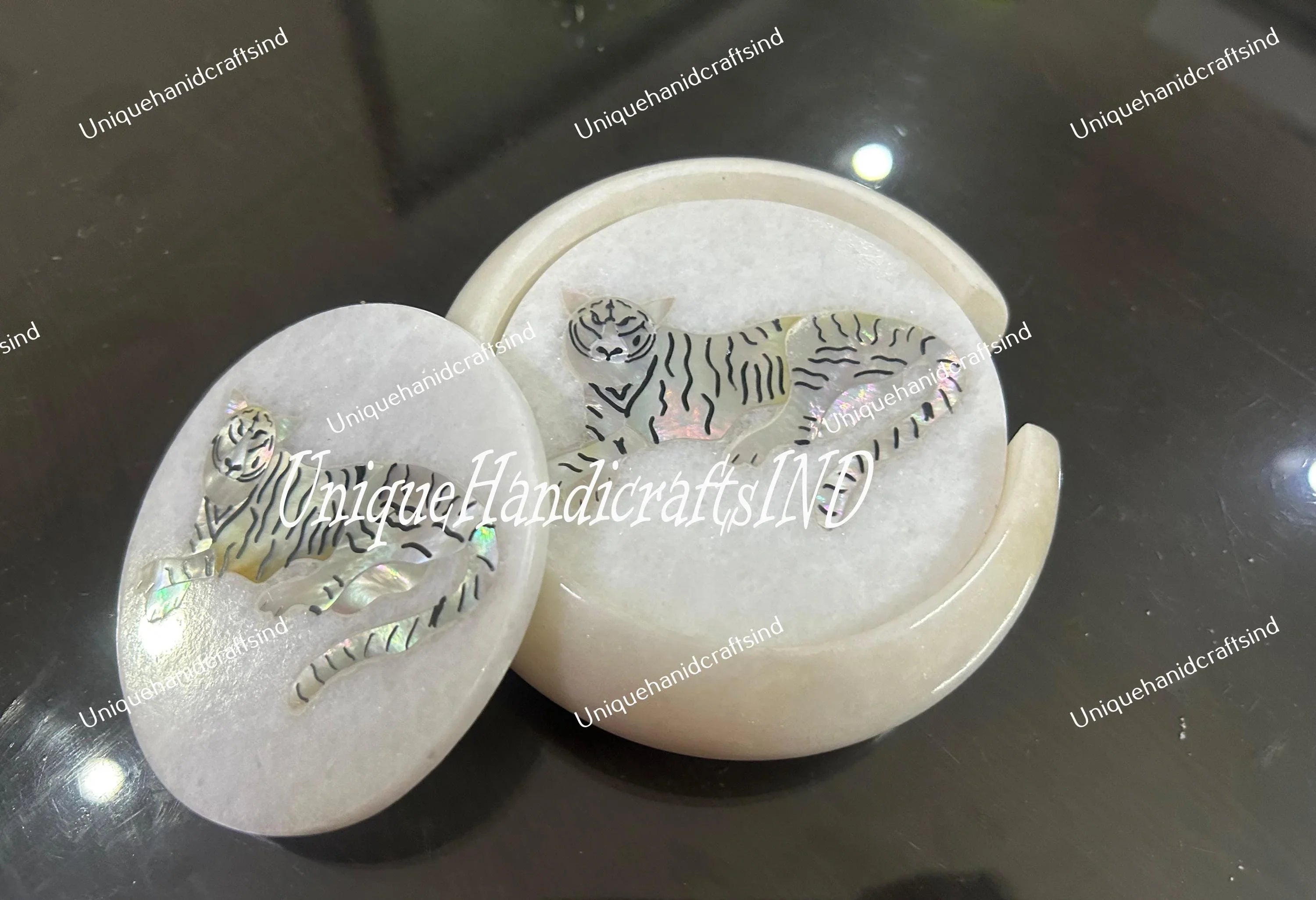 Marble Coaster Set with Tiger Inlay - Handmade Stone Drink Coasters with Holder - Mother of Pearl Art - Unique Gift for Him Unique Handicrafts IND
