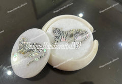 Marble Coaster Set with Tiger Inlay - Handmade Stone Drink Coasters with Holder - Mother of Pearl Art - Unique Gift for Him Unique Handicrafts IND