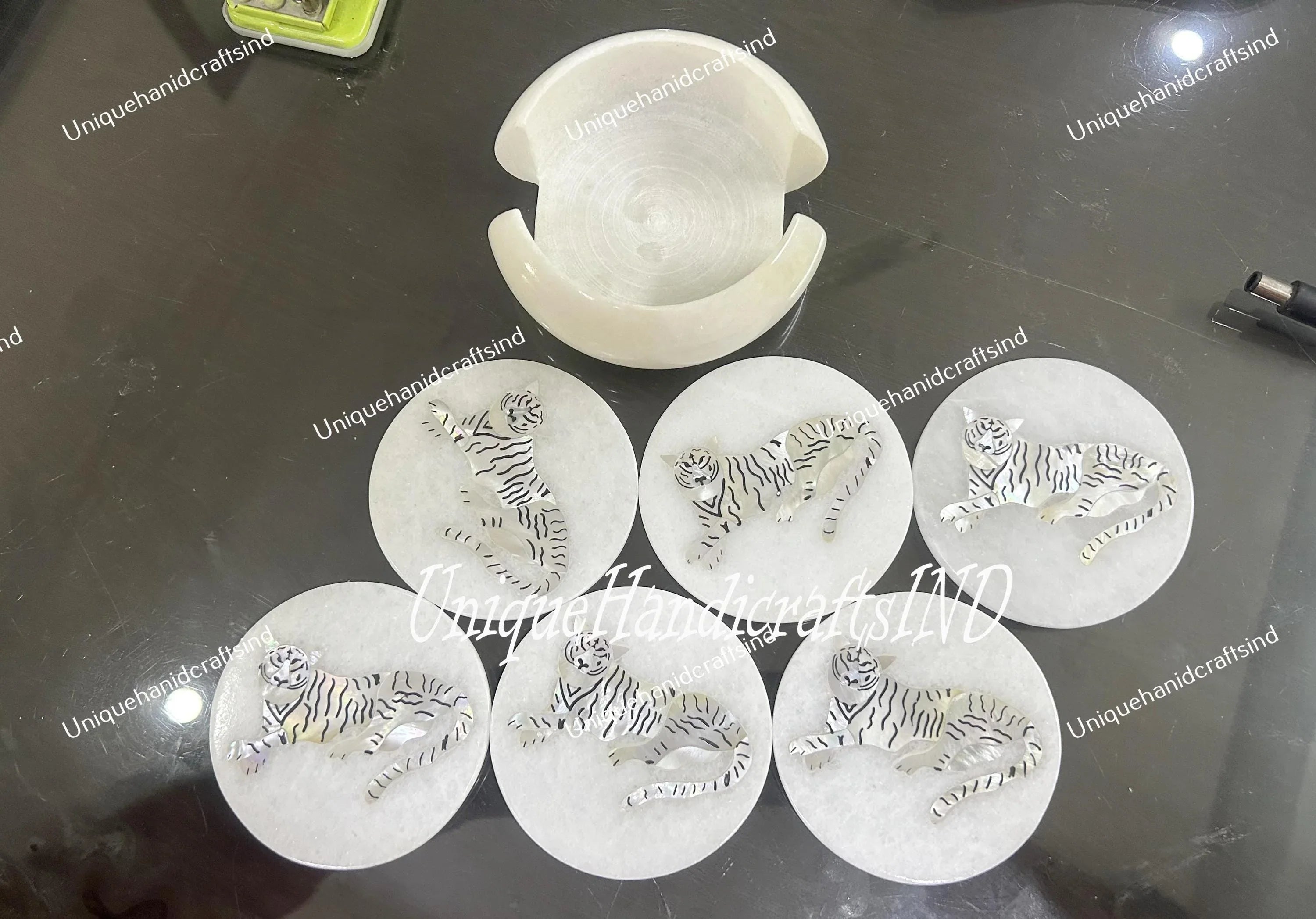 Marble Coaster Set with Tiger Inlay - Handmade Stone Drink Coasters with Holder - Mother of Pearl Art - Unique Gift for Him Unique Handicrafts IND