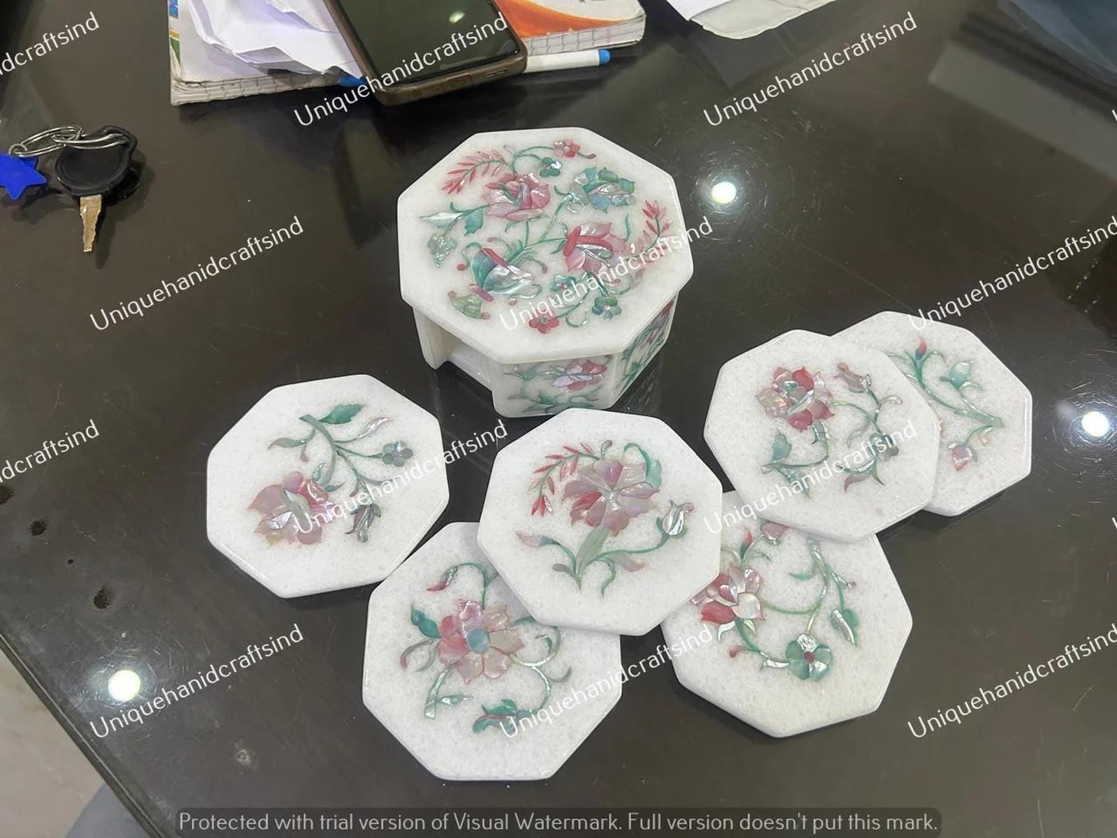 Marble Coaster Set with Floral Inlay – Handmade Stone Drink Coasters & Holder, Mother of Pearl Art Unique Handicrafts IND