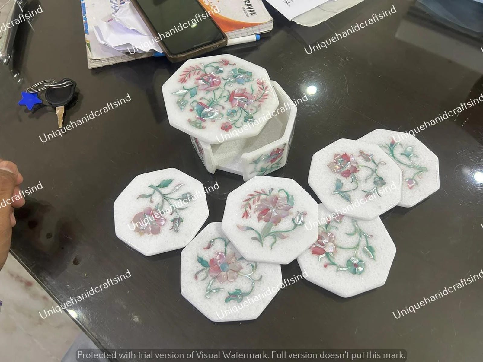 Marble Coaster Set with Floral Inlay – Handmade Stone Drink Coasters & Holder, Mother of Pearl Art Unique Handicrafts IND