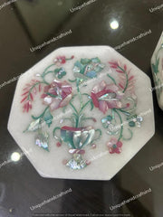 Marble Coaster Set with Floral Inlay – Handmade Stone Drink Coasters & Holder, Mother of Pearl Art Unique Handicrafts IND