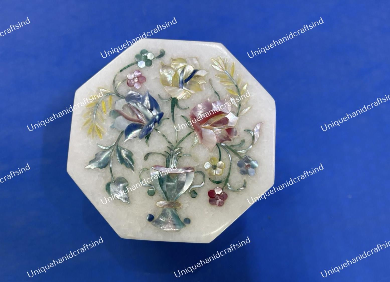 Luxury Marble Coaster Set – Handmade Floral Inlay, Mother of Pearl Drink Coasters & Holder Unique Handicrafts IND