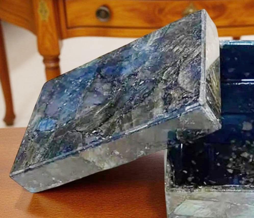 Blue Labradorite Gemstone Jewelry Box – Large Stone Keepsake Box for Ashes, Healing, Memorial Gift Unique Handicrafts IND
