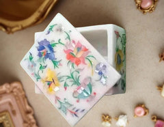 White Marble Jewelry Box – Rose Quartz & Semi-Precious Stone Inlay, Floral Pietra Dura Art, Handmade Gift for Her Unique Handicrafts IND