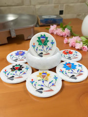 White Marble Coaster Set – Semi-Precious Stone Inlay, Floral Pietra Dura Art, Handmade Office Gift for Him, Home Decor Unique Handicrafts IND