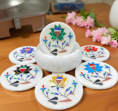 White Marble Coaster Set – Semi-Precious Stone Inlay, Floral Pietra Dura Art, Handmade Office Gift for Him, Home Decor Unique Handicrafts IND