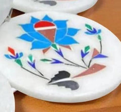 White Marble Coaster Set – Semi-Precious Stone Inlay, Floral Pietra Dura Art, Handmade Office Gift for Him, Home Decor Unique Handicrafts IND