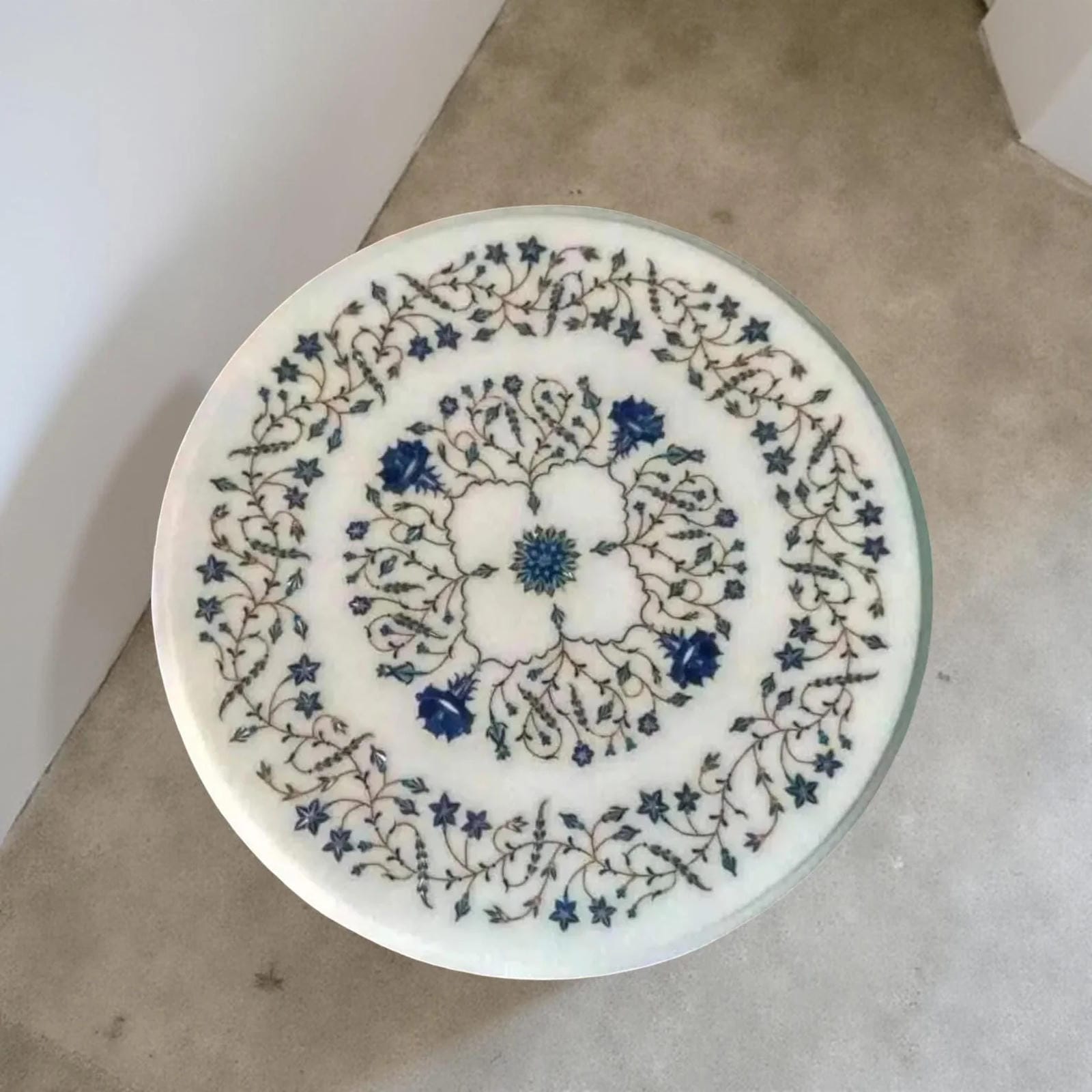 White Marble Coffee Table with Lapis Lazuli Inlay – Handmade Semi-Precious Stone Art Table – Luxury Living Room Decor Unique Handicrafts IND
