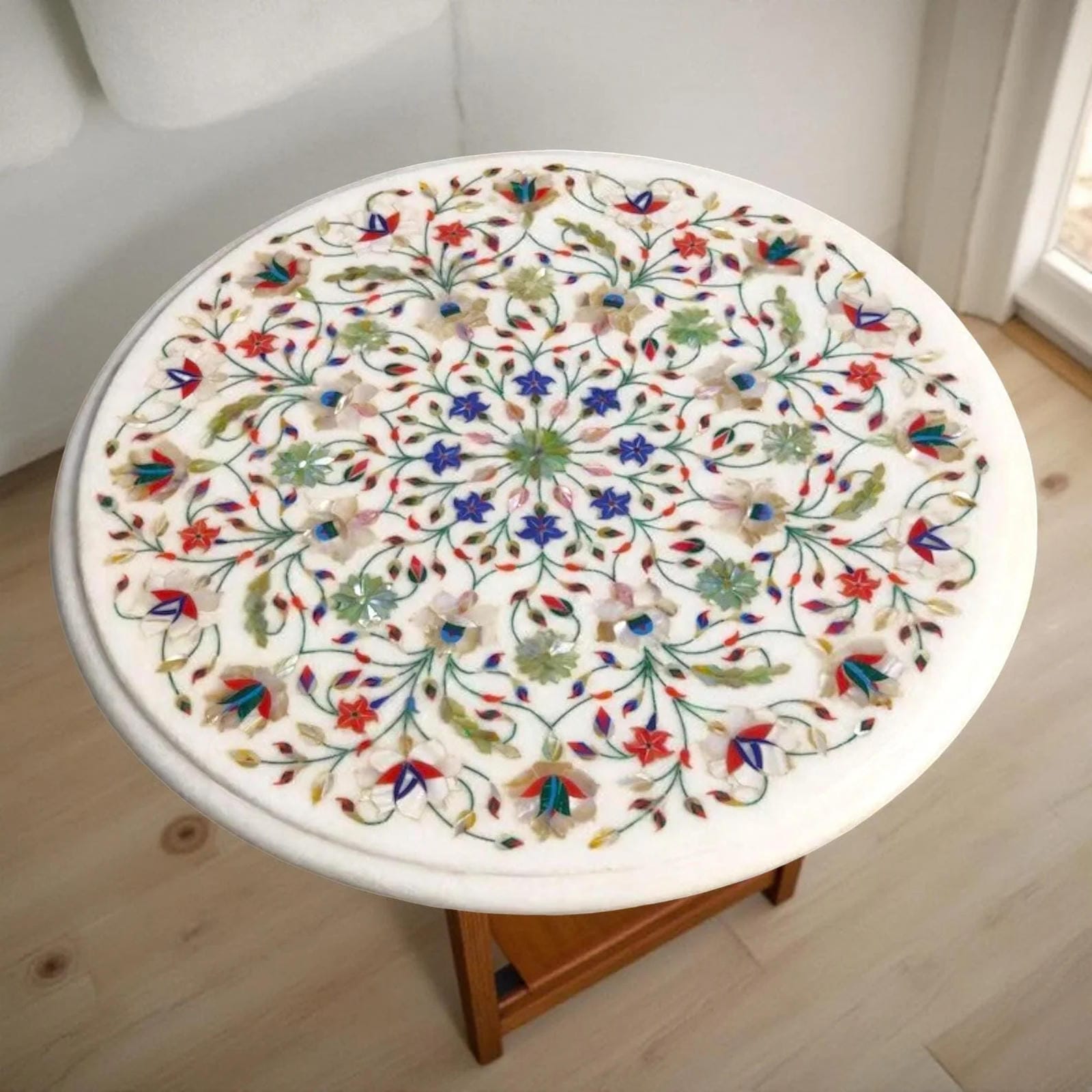 Round Marble Coffee Table – Mid Century Modern Semi Precious Inlay Arts for Living Room – Minimalist Home Decor Furniture Unique Handicrafts IND