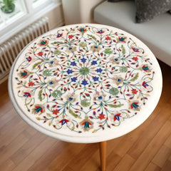Round Marble Coffee Table – Mid Century Modern Semi Precious Inlay Arts for Living Room – Minimalist Home Decor Furniture Unique Handicrafts IND