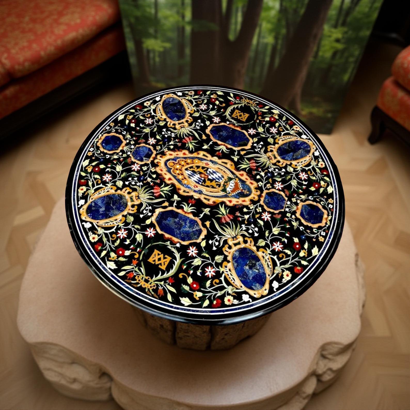 Black Marble Table with Lapis Lazuli Inlay – Handmade Floral Marquetry Semi-Precious Stone Art Decor Unique Handicrafts IND