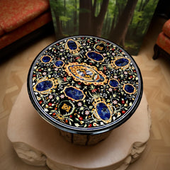 Black Marble Table with Lapis Lazuli Inlay – Handmade Floral Marquetry Semi-Precious Stone Art Decor Unique Handicrafts IND