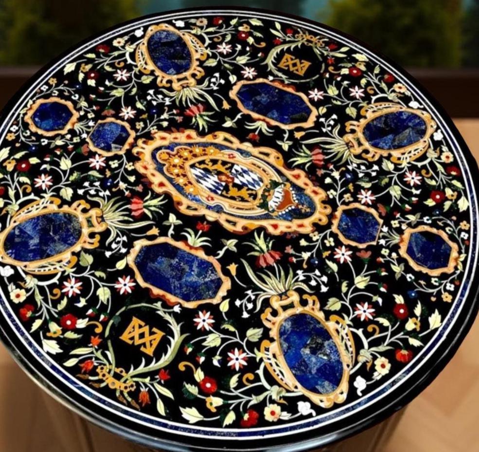 Black Marble Table with Lapis Lazuli Inlay – Handmade Floral Marquetry Semi-Precious Stone Art Decor Unique Handicrafts IND