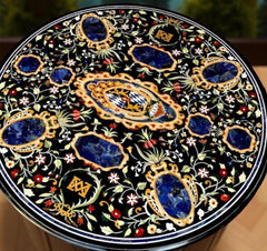 Black Marble Table with Lapis Lazuli Inlay – Handmade Floral Marquetry Semi-Precious Stone Art Decor Unique Handicrafts IND