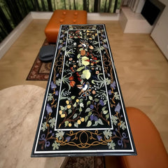 Handmade Pietra Dura Coffee Table – Black Marble with Lapis Lazuli & Semi-Precious Bird Design Unique Handicrafts IND