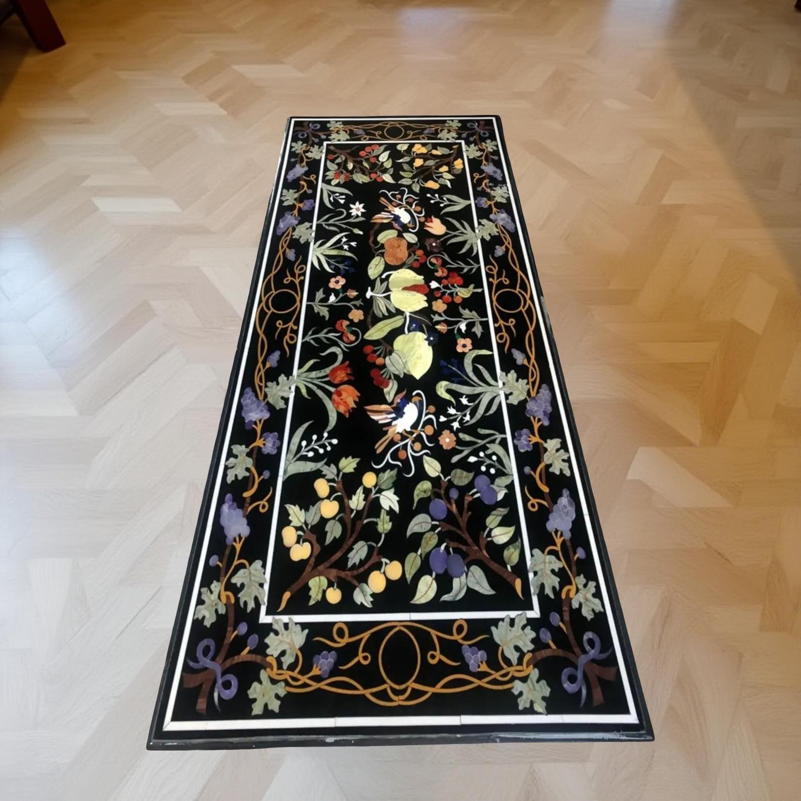 Handmade Pietra Dura Coffee Table – Black Marble with Lapis Lazuli & Semi-Precious Bird Design Unique Handicrafts IND