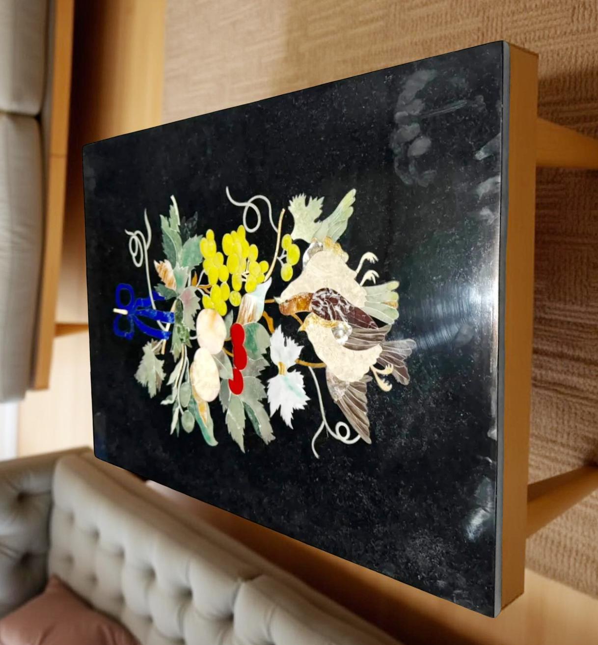 Black Marble Coffee Table – Pietra Dura Floral & Birds Inlay with Semi-Precious Stones, Handmade Artistic Decor Unique Handicrafts IND