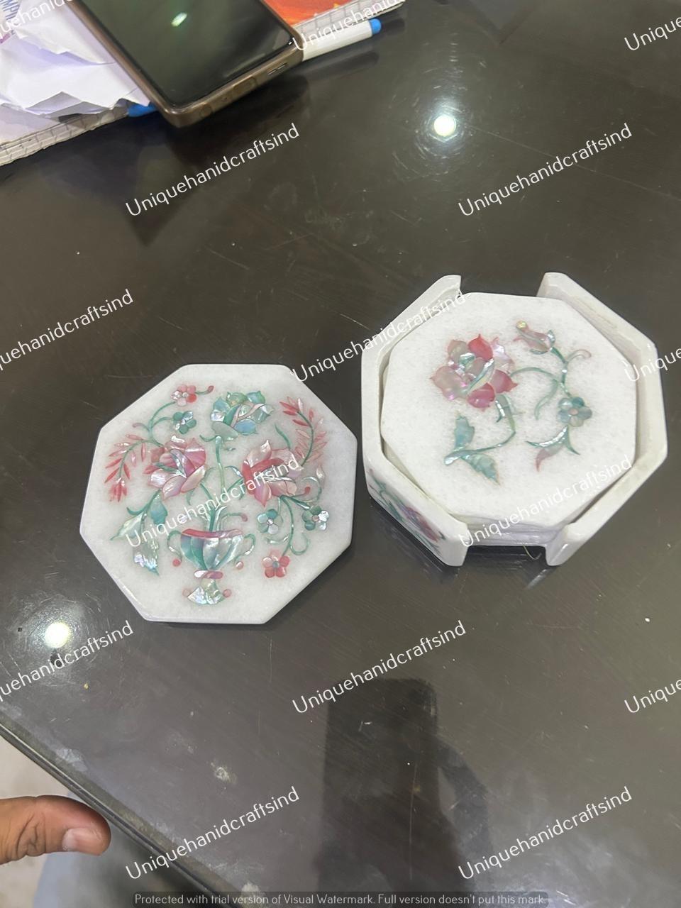 Marble Coaster Set with Floral Inlay – Handmade Stone Drink Coasters & Holder, Mother of Pearl Art Unique Handicrafts IND