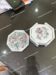 Marble Coaster Set with Floral Inlay – Handmade Stone Drink Coasters & Holder, Mother of Pearl Art Unique Handicrafts IND