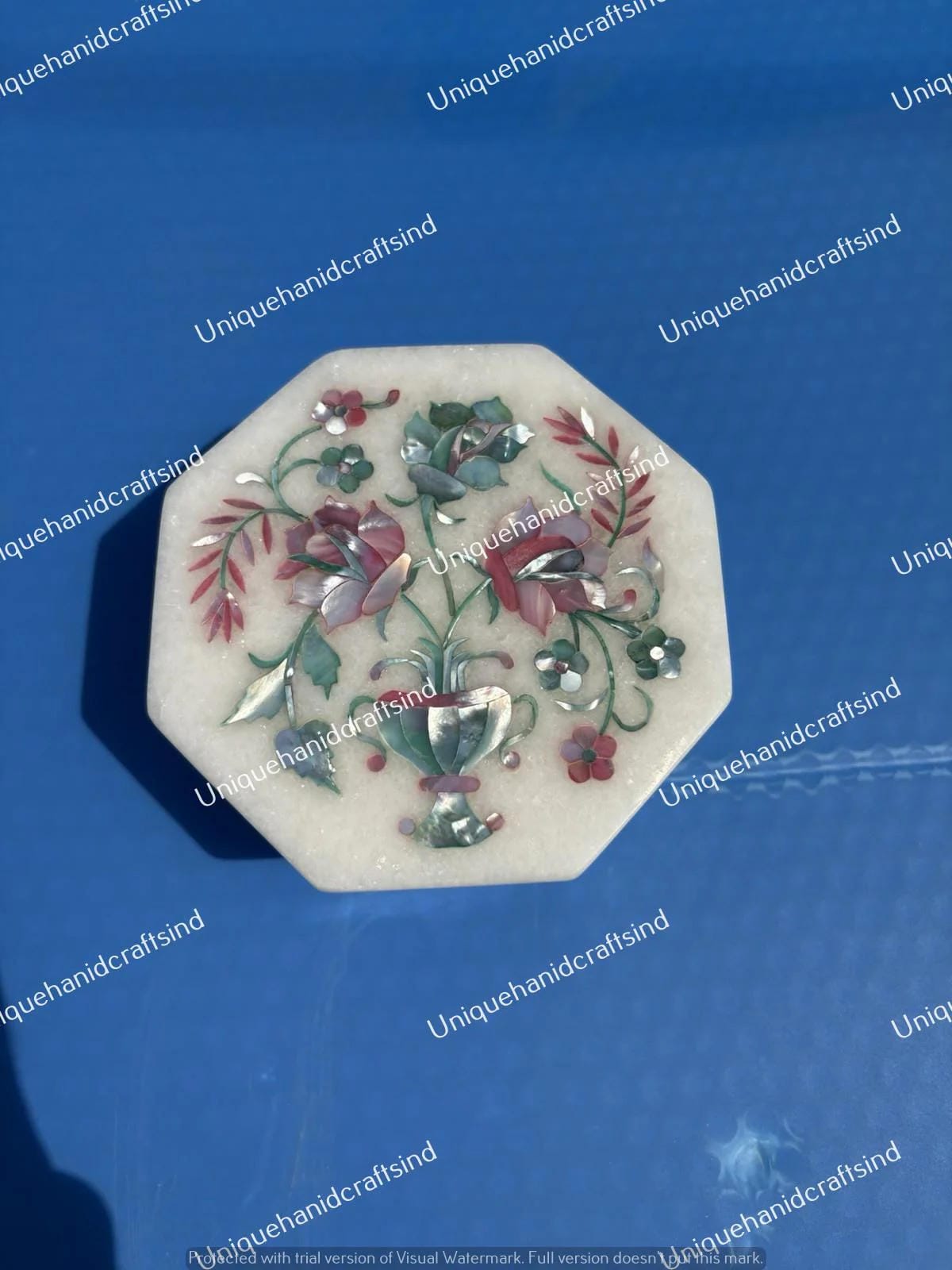 Luxury Marble Coaster Set – Handmade Floral Inlay, Mother of Pearl Drink Coasters & Holder Unique Handicrafts IND