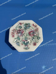 Luxury Marble Coaster Set – Handmade Floral Inlay, Mother of Pearl Drink Coasters & Holder Unique Handicrafts IND