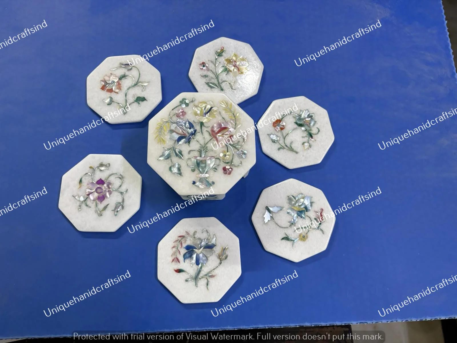 Luxury Marble Coaster Set – Handmade Floral Inlay, Mother of Pearl Drink Coasters & Holder Unique Handicrafts IND