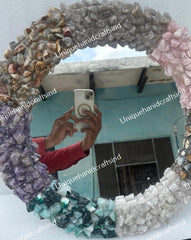 Modern Wall Mirror With 7 Chakra Real gemstone / Wall Hanging Mirror Hand carved Crystal Bathroom Interior Personalized Wedding Gift Unique Handicrafts IND