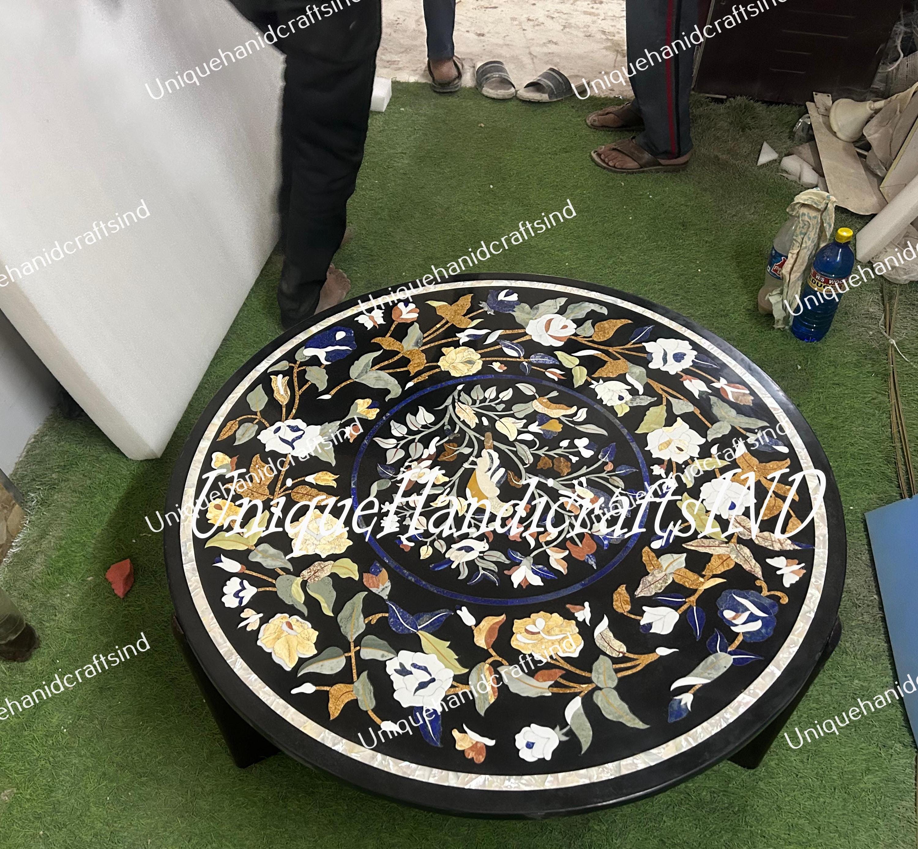 Black Marble Round Table – Pietra Dura Inlay – Semi-Precious Stone Floral & Bird Art Handmade Unique Handicrafts IND