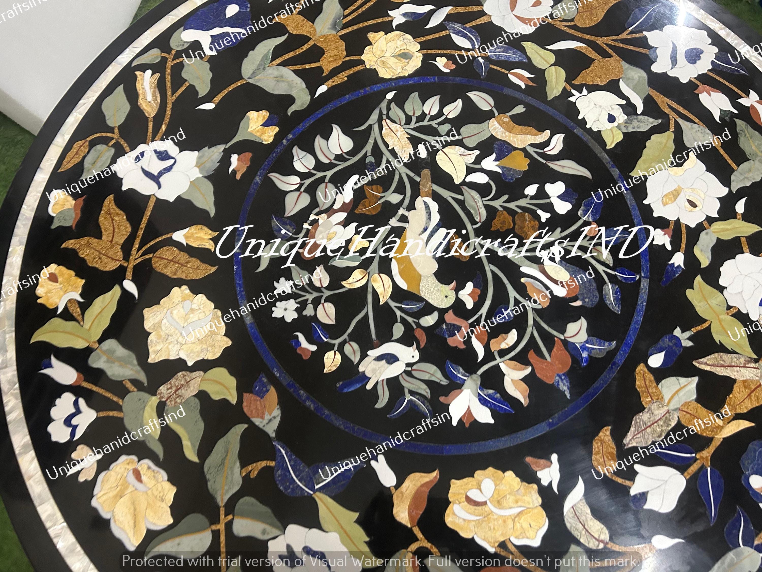 Black Marble Round Table – Pietra Dura Inlay – Semi-Precious Stone Floral & Bird Art Handmade Unique Handicrafts IND