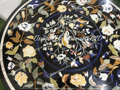 Black Marble Round Table – Pietra Dura Inlay – Semi-Precious Stone Floral & Bird Art Handmade Unique Handicrafts IND