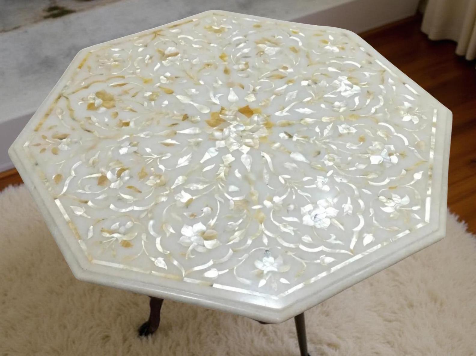 White Marble Table with Mother of Pearl Inlay – Handmade Pietra Dura Floral Art Unique Handicrafts IND