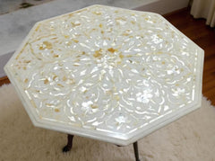 White Marble Table with Mother of Pearl Inlay – Handmade Pietra Dura Floral Art Unique Handicrafts IND