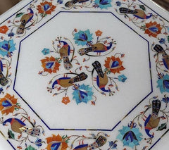 Elegant White Marble Table – Semi-Precious Inlay with Lapis Lazuli Birds & Floral Design Unique Handicrafts IND
