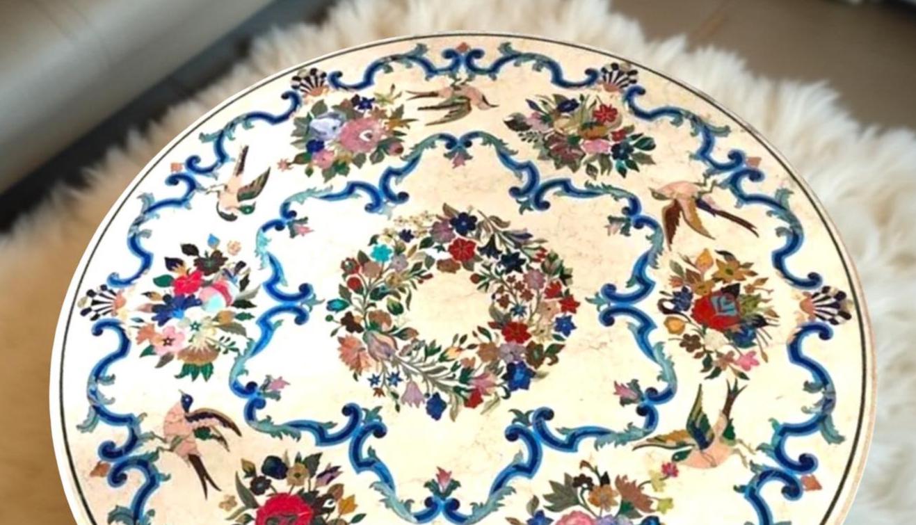 White Marble Coffee Table – Pietra Dura Floral Inlay – Semi-Precious Stone Art Furniture Unique Handicrafts IND