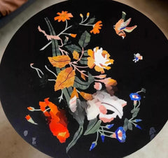 Black Marble Inlay Coffee Table – Handmade Round Side Table – Elegant Stone Accent Furniture Unique Handicrafts IND