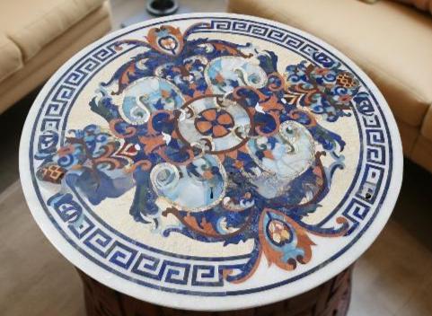 White Marble Round Coffee Table – Pietra Dura Inlay Floral Art – Semi-Precious Stone Table – Handmade Home Decor Furniture Unique Handicrafts IND
