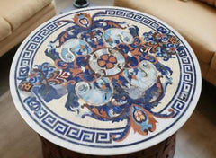 White Marble Round Coffee Table – Pietra Dura Inlay Floral Art – Semi-Precious Stone Table – Handmade Home Decor Furniture Unique Handicrafts IND