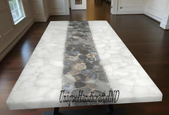 White Quartz & Brown Agate Table – Handmade Stone Coffee Table, Dining Top, Countertop Slab Unique Handicrafts IND