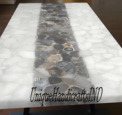White Quartz & Brown Agate Table – Handmade Stone Coffee Table, Dining Top, Countertop Slab Unique Handicrafts IND