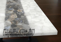 White Quartz & Brown Agate Table – Handmade Stone Coffee Table, Dining Top, Countertop Slab Unique Handicrafts IND