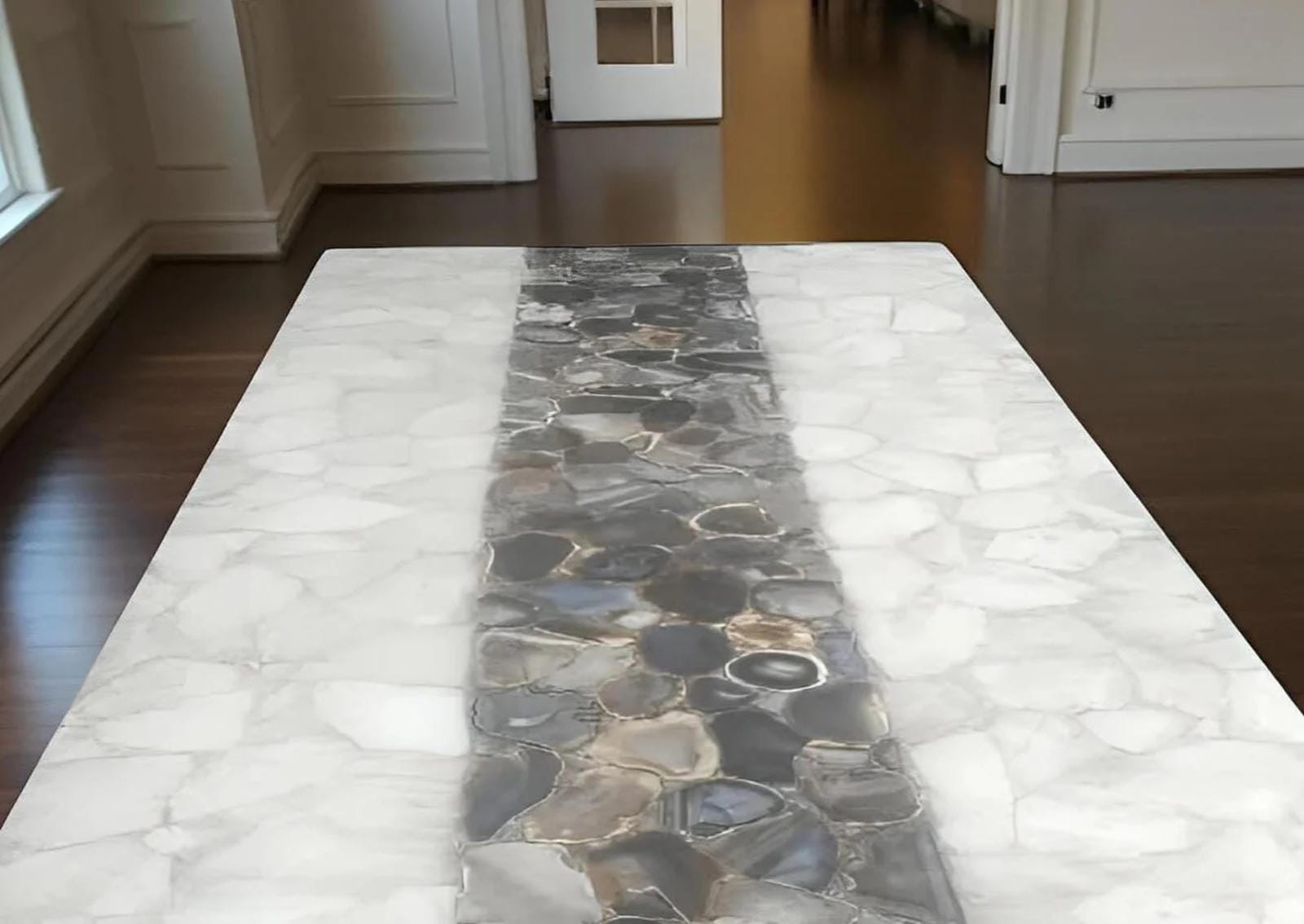 White Quartz & Brown Agate Table – Handmade Stone Coffee Table, Dining Top, Countertop Slab Unique Handicrafts IND