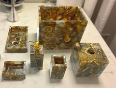 Natural Brown Agate Bathroom Set – Luxury Agate Bathroom Accessories, Soap Dispenser, Tissue Box, Tray, Elegant Home Decor Unique Handicrafts IND