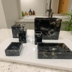 Natural Agate Bathroom Set – Black Agate Bath Set, Gemstone Bathroom Accessories, Luxury Stone Decor, Elegant Bathroom Gift Set Unique Handicrafts IND