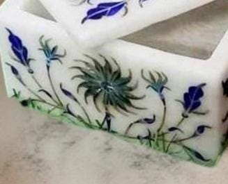 White Marble Jewelry Box – Lapis Inlay Floral Pietra Dura Art, Handmade Stone Keepsake Gift for Her, Luxury Decor Unique Handicrafts IND