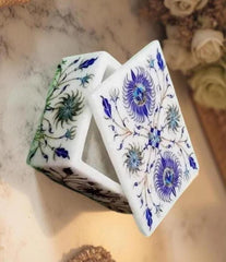 White Marble Jewelry Box – Lapis Inlay Floral Pietra Dura Art, Handmade Stone Keepsake Gift for Her, Luxury Decor Unique Handicrafts IND